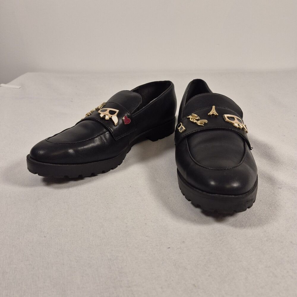 Karl Lagerfeld Paris Indie Loafers Women's 9.5M Black Faux Leather Pins